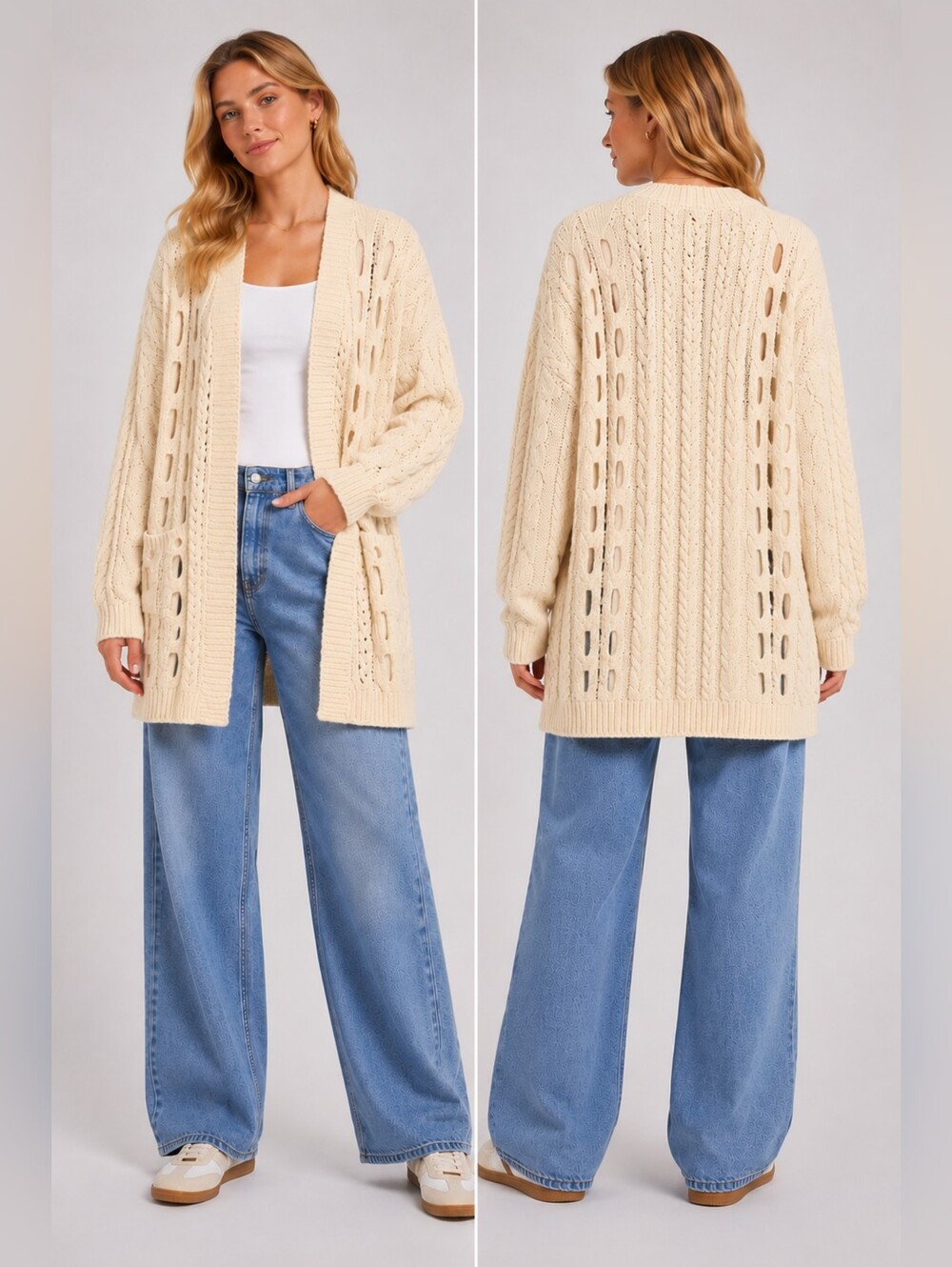 POL Oversized Cream Cable Knit Cardigan | Chunky Cozy Open Front Sweater